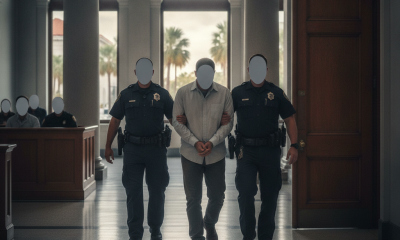 A man in handcuffs being escorted by two police officers in a courthouse, highlig — illegal reentry conviction Tallahassee