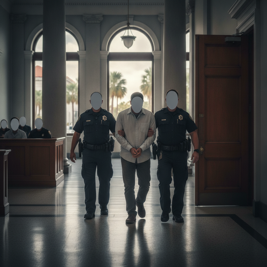 A man in handcuffs being escorted by two police officers in a courthouse, highlig — illegal reentry conviction Tallahassee