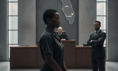 A woman in prison attire stands in a courtroom, with a judge and another man in suits in the background, — Jomekia Archer