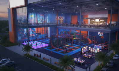 Rendering of Launch Family Entertainment Pensacola, showcasing indoor adventure park features like trampoline courts and a…