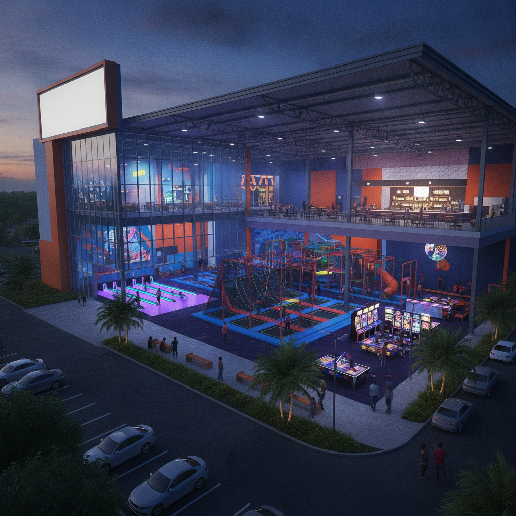 Rendering of Launch Family Entertainment Pensacola, showcasing indoor adventure park features like trampoline courts and a…
