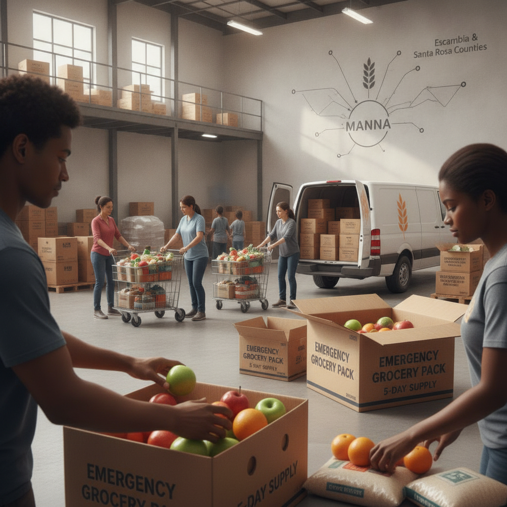 Volunteers at Manna Food Pantries in Pensacola assemble emergency grocery packs with fresh — Manna Food Pantries Pensacola