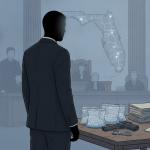 A courtroom scene with a silhouette of a man in a suit facing a table with bags of drugs a — Marcello Hinojosa Tallahassee