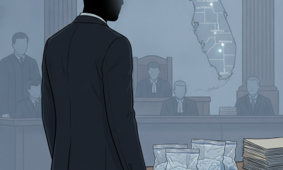 A courtroom scene with a silhouette of a man in a suit facing a table with bags of drugs a — Marcello Hinojosa Tallahassee