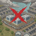 Illustration showing a protest against data centers, with people holding signs and a red 'X — moratoria a centros de datos