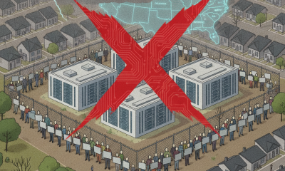 Illustration showing a protest against data centers, with people holding signs and a red 'X — moratoria a centros de datos