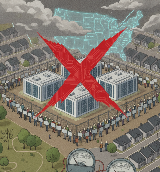 Illustration showing a protest against data centers, with people holding signs and a red 'X — moratoria a centros de datos