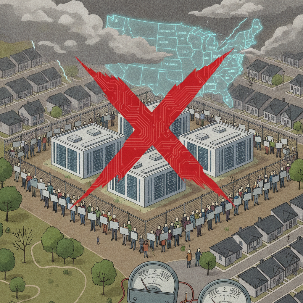 Illustration showing a protest against data centers, with people holding signs and a red 'X — moratoria a centros de datos