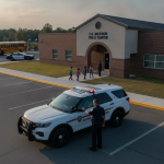 Milton police vehicle parked outside T.R. Jackson Pre-K Center as students arrive for schoo — Milton police TR Jackson SRO