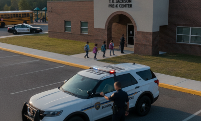 Milton police vehicle parked outside T.R. Jackson Pre-K Center as students arrive for schoo — Milton police TR Jackson SRO