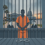 A man in an orange jumpsuit stands behind bars, with two figures in suits nearby and a gover — Moises Ramiro Lopez-Zenteno