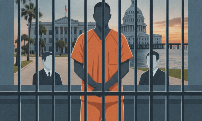A man in an orange jumpsuit stands behind bars, with two figures in suits nearby and a gover — Moises Ramiro Lopez-Zenteno