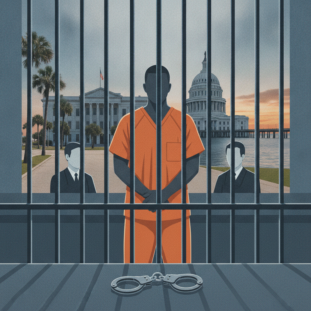 A man in an orange jumpsuit stands behind bars, with two figures in suits nearby and a gover — Moises Ramiro Lopez-Zenteno