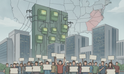 A crowd of protesters holding signs in front of a large data center, with a map of the U.S. in th — data center moratorium