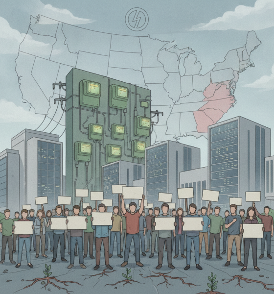 A crowd of protesters holding signs in front of a large data center, with a map of the U.S. in th — data center moratorium