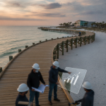Construction workers discussing plans on a wooden boardwalk by the beach at sunset, part — Navarre Beach Boardwalk Project