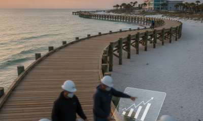 Construction workers discussing plans on a wooden boardwalk by the beach at sunset, part — Navarre Beach Boardwalk Project