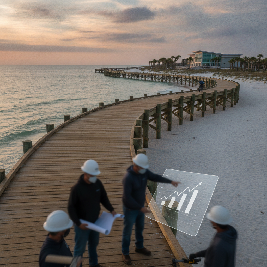 Construction workers discussing plans on a wooden boardwalk by the beach at sunset, part — Navarre Beach Boardwalk Project