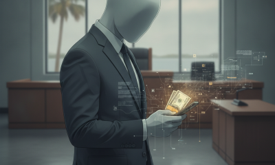 A faceless figure in a suit holds a smartphone displaying digital money symbols in a courtroo — Navarre man PPP loan fraud
