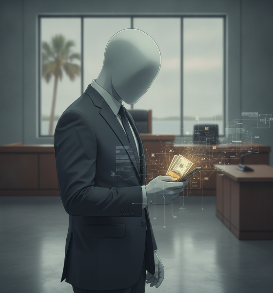A faceless figure in a suit holds a smartphone displaying digital money symbols in a courtroo — Navarre man PPP loan fraud