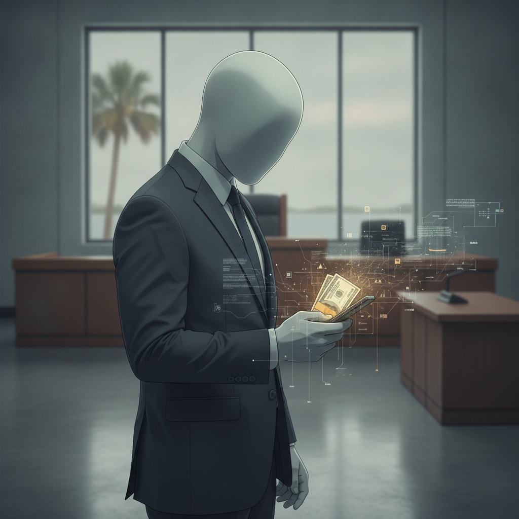A faceless figure in a suit holds a smartphone displaying digital money symbols in a courtroo — Navarre man PPP loan fraud