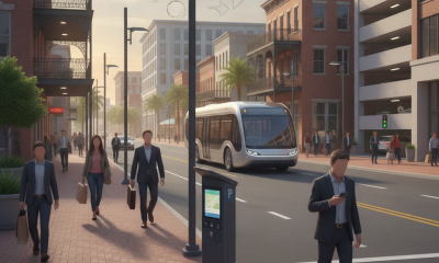 A bustling Downtown Pensacola street scene with pedestrians, a bus, and a parking meter — Downtown Pensacola Parking Rates