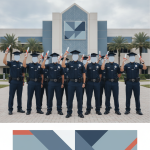 Nine Escambia County Corrections Officers in uniforms celebrate graduation outside the George Stone corrections academy.