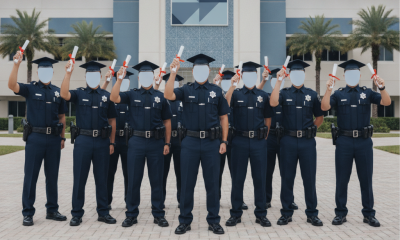 Nine Escambia County Corrections Officers in uniforms celebrate graduation outside the George Stone corrections academy.