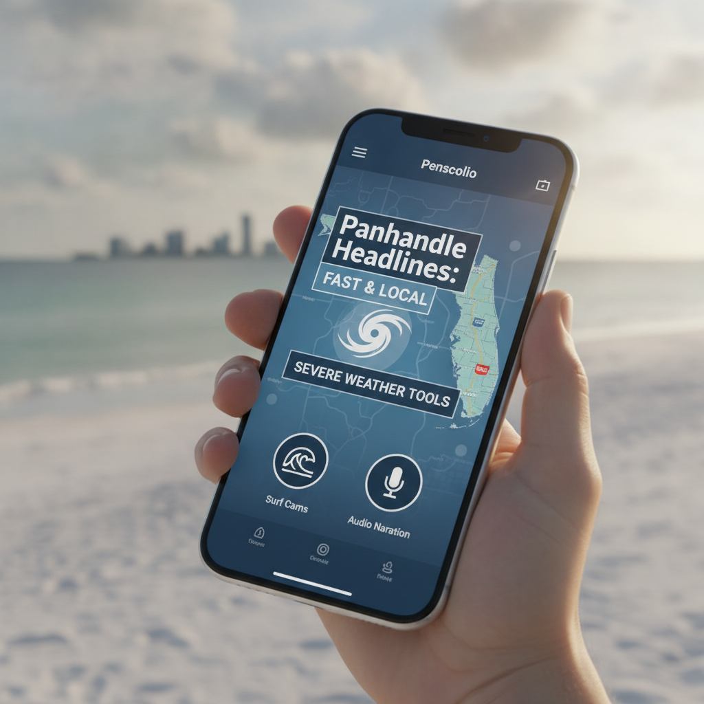 A hand holding a smartphone displaying the Newswk App Pensacola interface with weather tools and headlines against a beach…