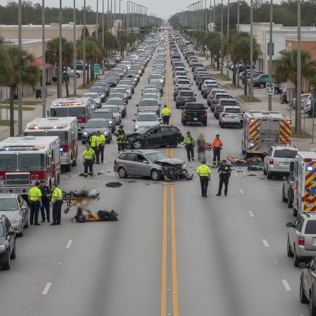 Emergency crews respond to a severe North W Street crash in Pensacola, with damaged vehic — North W Street crash Pensacola