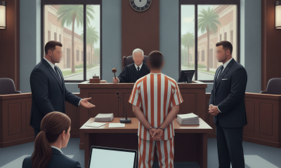 Courtroom scene with a judge, defendant in striped prison attire, and attorneys discussing — Devin Scott Waldeck sentence