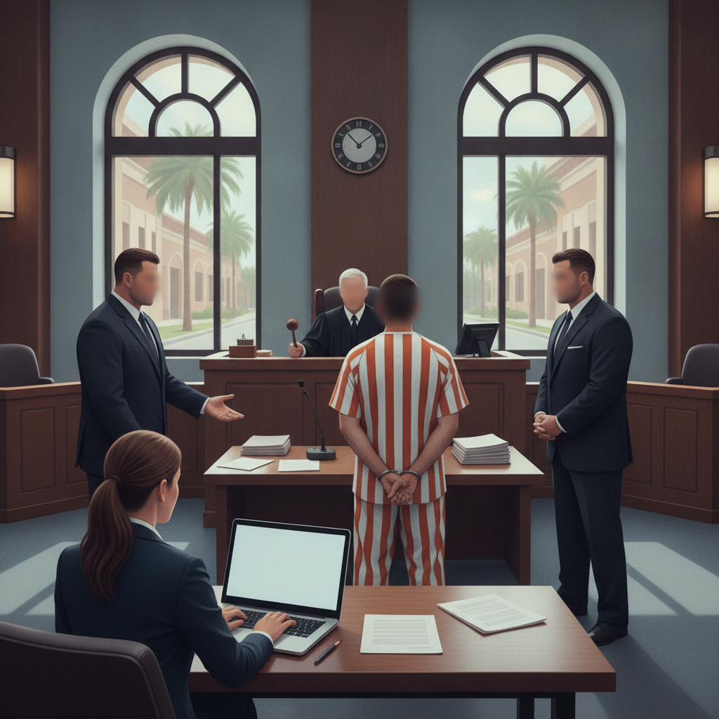 Courtroom scene with a judge, defendant in striped prison attire, and attorneys discussing — Devin Scott Waldeck sentence