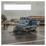 A damaged Escambia County EMS ambulance at an intersection with a crushed e-bike, emergency re — Pensacola ambulance crash