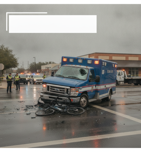 A damaged Escambia County EMS ambulance at an intersection with a crushed e-bike, emergency re — Pensacola ambulance crash