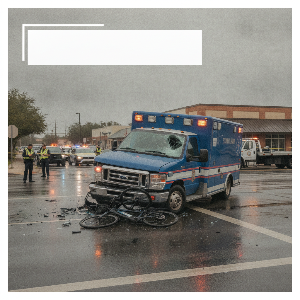 A damaged Escambia County EMS ambulance at an intersection with a crushed e-bike, emergency re — Pensacola ambulance crash