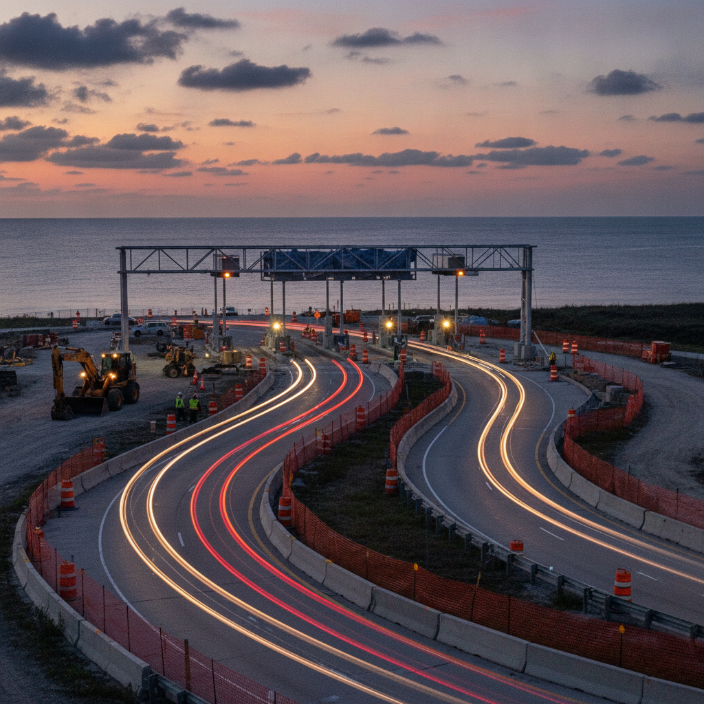 Traffic shifts on Pensacola Beach Boulevard with construction equipment and electronic — Pensacola Beach Boulevard Traffic