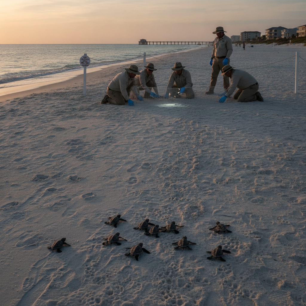 Volunteers from the Pensacola Beach sea turtle patrol assist loggerhead hatchlings as they make their way to the Gulf of M…
