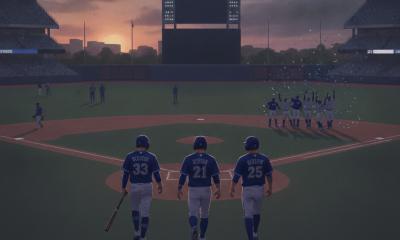 Two baseball players walk towards the field as the sun sets, with a celebration in the ba — Pensacola Blue Wahoos Playoffs