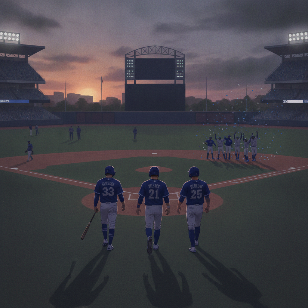 Two baseball players walk towards the field as the sun sets, with a celebration in the ba — Pensacola Blue Wahoos Playoffs