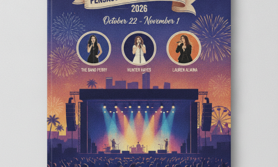 Colorful poster for the Pensacola Interstate Fair 2026 lineup featuring The Band Perry, Hunter Hayes, and Lauren Alaina wi…