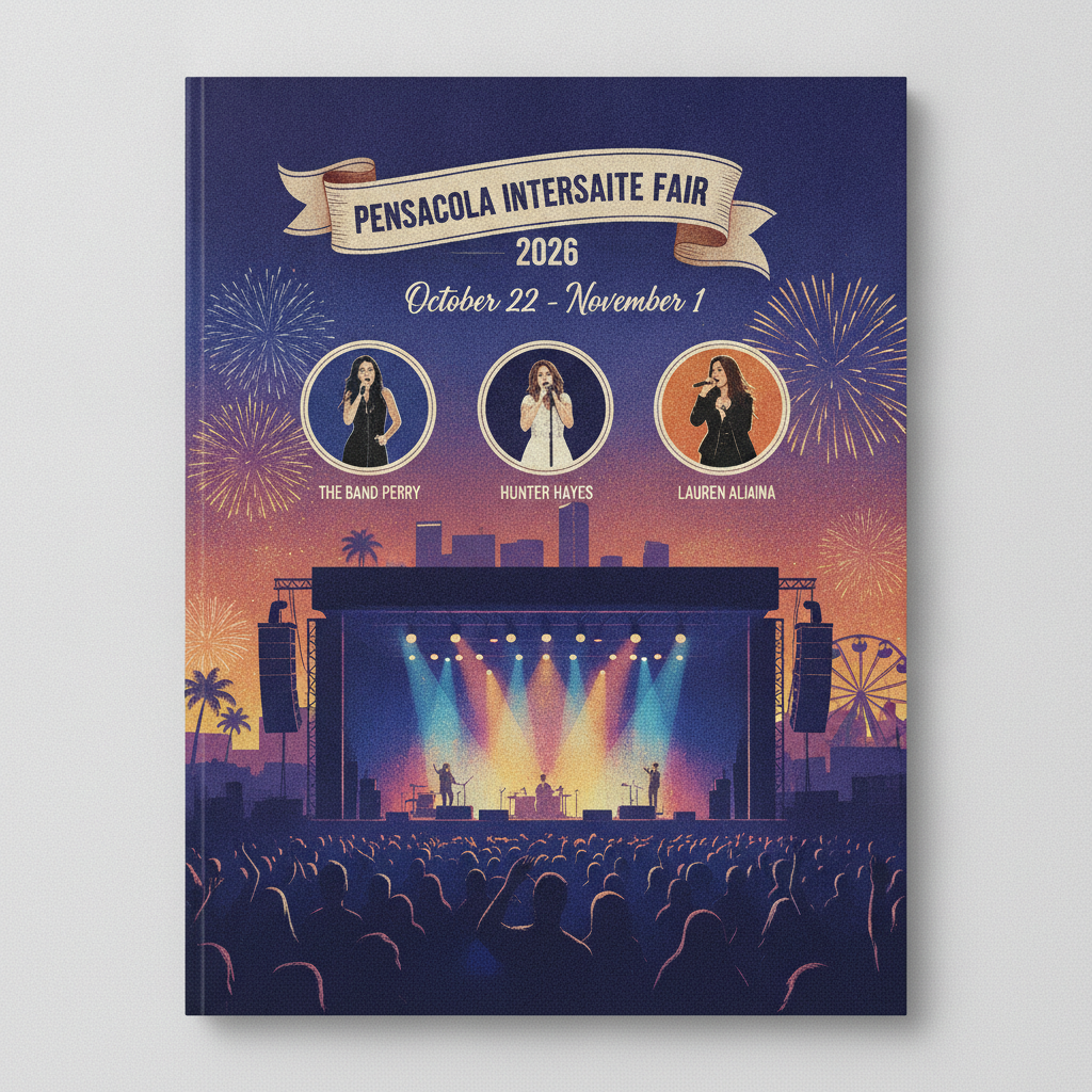Colorful poster for the Pensacola Interstate Fair 2026 lineup featuring The Band Perry, Hunter Hayes, and Lauren Alaina wi…