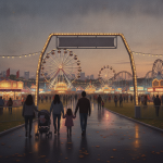 Families walking through a fairground at dusk, with colorful lights and a Ferris wheel in the — Pensacola Interstate Fair