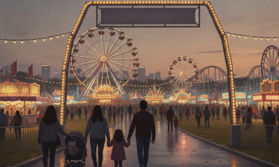 Families walking through a fairground at dusk, with colorful lights and a Ferris wheel in the — Pensacola Interstate Fair