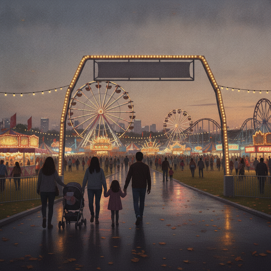 Families walking through a fairground at dusk, with colorful lights and a Ferris wheel in the — Pensacola Interstate Fair