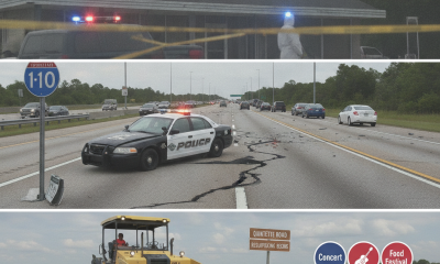 Scene of the Hotel Del Sol with police tape, a police car on I-10, and road resurfacing on Quintett — Pensacola local news