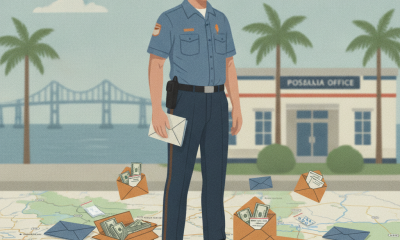 A postal worker in uniform stands on a map surrounded by scattered mail and cash, s — Pensacola mail handler pleads guilty