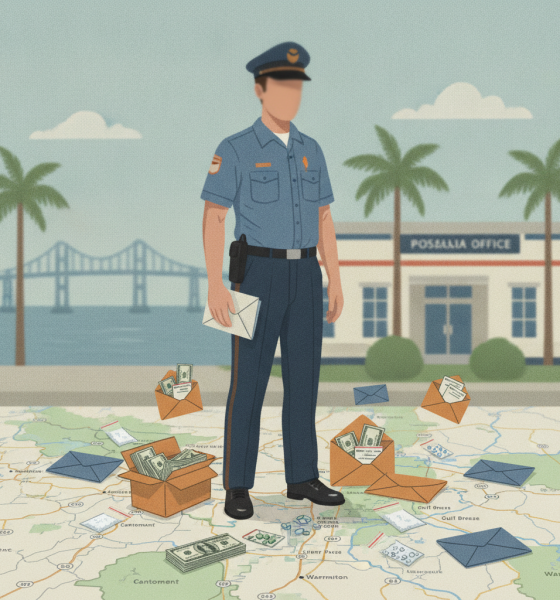 A postal worker in uniform stands on a map surrounded by scattered mail and cash, s — Pensacola mail handler pleads guilty
