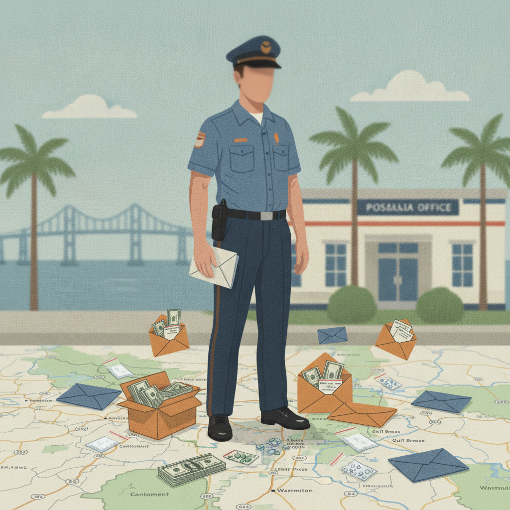 A postal worker in uniform stands on a map surrounded by scattered mail and cash, s — Pensacola mail handler pleads guilty