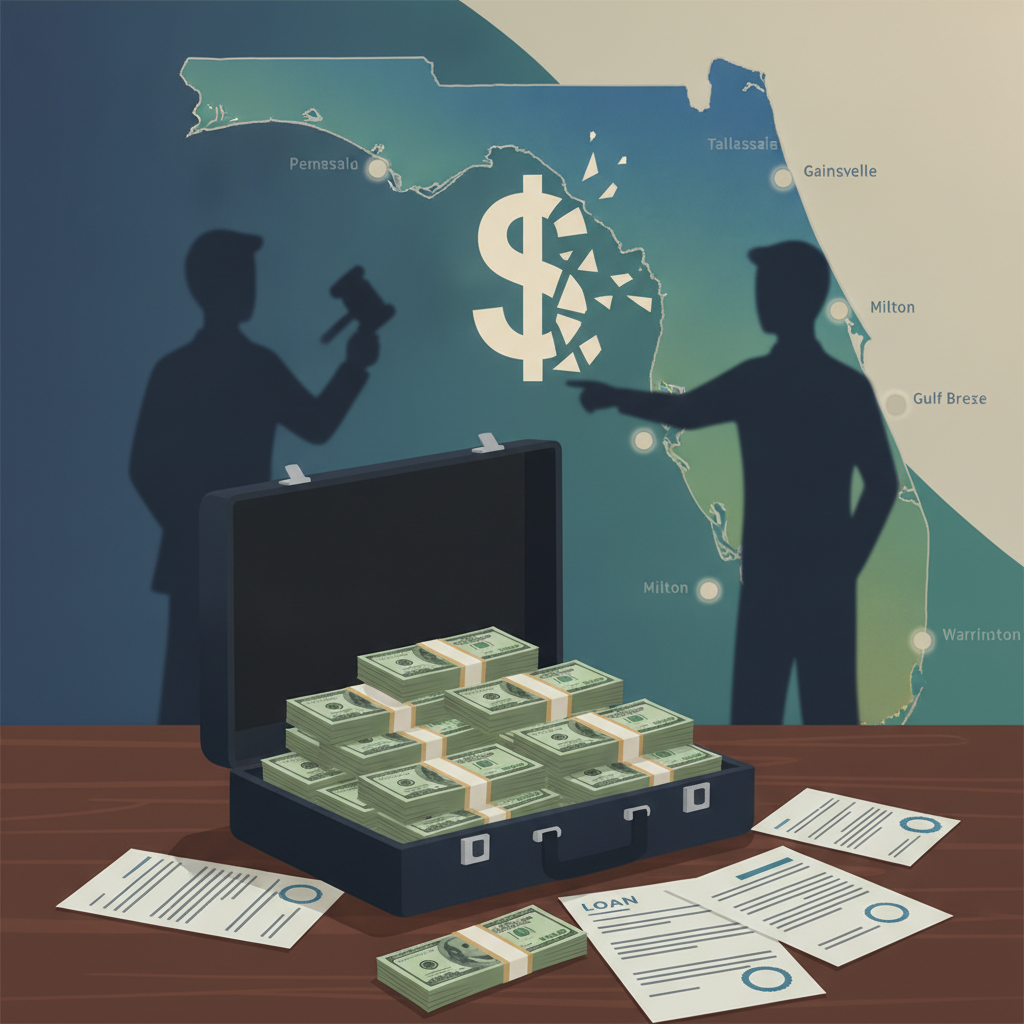 Illustration depicting a briefcase filled with cash and a map of Florida, symbolizing Pensacola PPP loan fraud.