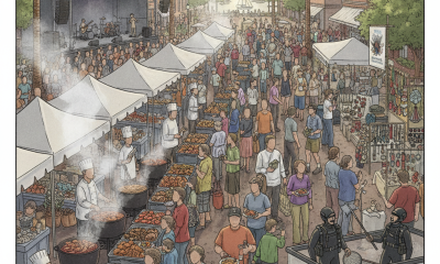 Crowd enjoying the Pensacola Seafood Festival 2026 with food stalls, live music, and artisan booths at sunset.